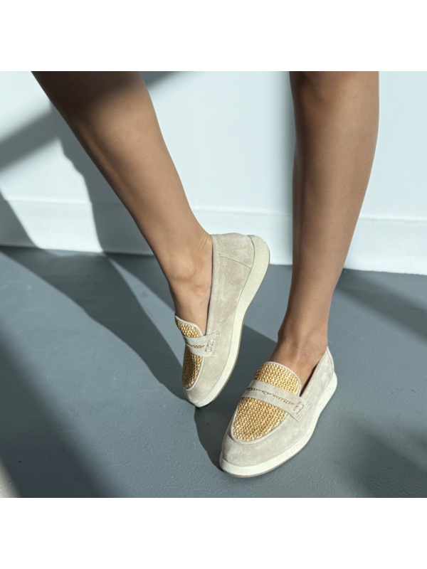 Pantofi mocasini Lara Rafia piele intoarsa