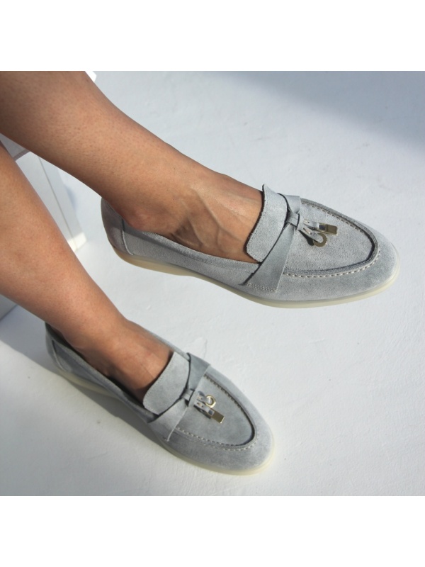 Pantofi mocasini Lara Light Grey M piele intoarsa