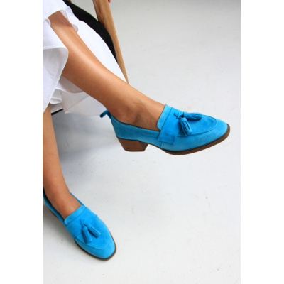 Pantofi mocasini Ava Turquoise Tassel piele intoarsa - Img 3