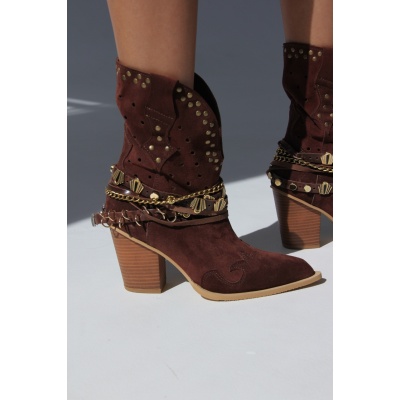 Ghete ciocate Cowboy Embellished I Chocolate scurt piele naturala