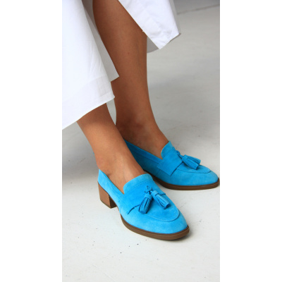 Pantofi mocasini Ava Turquoise Tassel piele intoarsa - Img 4