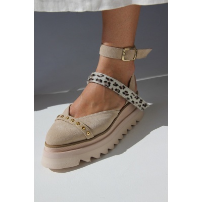 Pantofi Pins Bej Animalprint piele naturala
