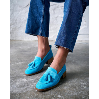 Pantofi mocasini Ava Turquoise Tassel piele intoarsa - Img 1