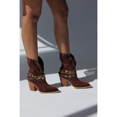 Ghete ciocate Cowboy Embellished I Chocolate scurt piele naturala - Img 3