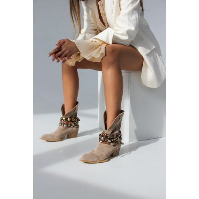 Ghete ciocate Cowboy Embellished III low bej piele naturala - Img 2