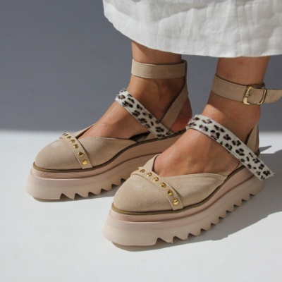 Pantofi Pins Bej Animalprint piele naturala - Img 1