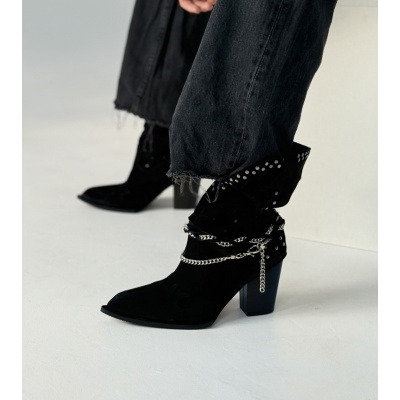 Ghete ciocate Cowboy Black Studded piele naturala