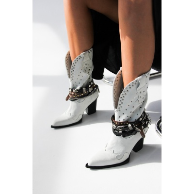 Ghete ciocate Cowboy Embellished III Lungi White piele naturala - Img 3