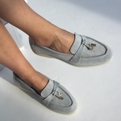 Pantofi mocasini Lara Light Grey M piele intoarsa - Img 1