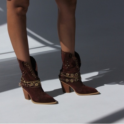 Ghete ciocate Cowboy Embellished I Chocolate scurt piele naturala - Img 2