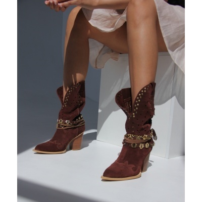 Ghete ciocate Cowboy Embellished I Lungi Chocolate piele naturala