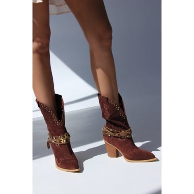 Ghete ciocate Cowboy Embellished I Lungi Ciocolate piele naturala - Img 3