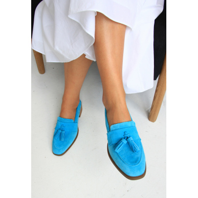 Pantofi mocasini Ava Turquoise Tassel piele intoarsa - Img 2