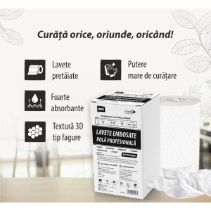 Rolă 250 Lavete Profesionale Embosate, Reutilizabile (Celuloză + Poliester), Albe, 40x30 cm, 100g/m² - Img 2