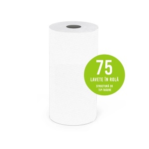 Rolă 75 Lavete Profesionale Embosate, Reutilizabile (Celuloză + Poliester), Albe, 20x30 cm, 100g/m²