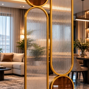 Separator decorativ Luxury din metal auriu și sticlă securizată riflată – Panou despărțitor 45 × 240 cm