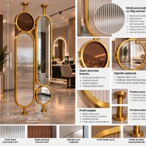 Separator decorativ Luxury din metal auriu și sticlă securizată riflată – Panou despărțitor 45 × 240 cm - Img 4