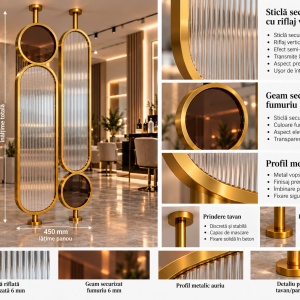 Separator decorativ Luxury din metal auriu și sticlă securizată riflată – Panou despărțitor 45 × 240 cm - Img 2