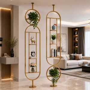 Separator decorativ modern suspendat pentru cameră, din metal, cu rafturi și bară de prindere – Auriu 40cmLx240cmH