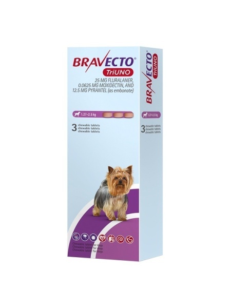 BRAVECTO TRIUNO 25 MG 3X1 TAB (1.27-2.5 KG)