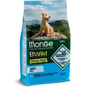 MONGE BWILD HRANA USCATA FARA CEREALE PENTRU CAINI DE TALIE MICA, ANSOA, CARTOFI SI MAZARE 2,5 KG - 4725