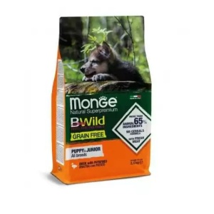 MONGE BWILD HRANA USCATA FARA CEREALE PENTRU CAINI PUI SI JUNIOR, RATA SI CARTOFI 2,5 KG - 4787