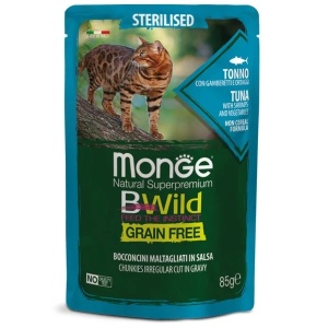 MONGE BWILD HRANA UMEDA PENTRU PISICI STERILIZATE, TON, CREVETI SI LEGUME, BUCATI IN SOS 85 G - 2799
