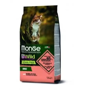 MONGE BWILD HRANA USCATA FARA CEREALE PENTRU PISICI ADULTE, SOMON SI MAZARE 1,5 KG - 2072