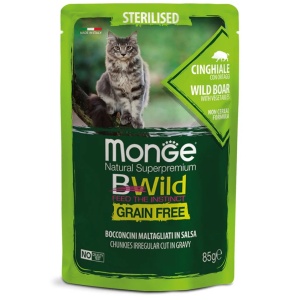 MONGE BWILD HRANA UMEDA PENTRU PISICI STERILIZATE, MISTRET SI LEGUME, BUCATI IN SOS 85 G - 2805