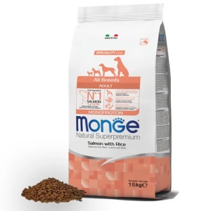 MONGE HRANA USCATA PENTRU CAINI ADULTI DE TOATE TALIILE, SOMON SI OREZ 15 KG - 6361