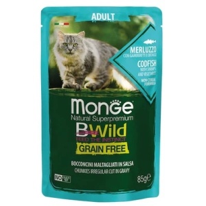 MONGE BWILD HRANA UMEDA PENTRU PISICI ADULTE, COD, CREVETI SI LEGUME, BUCATI IN SOS 85 G - 2768
