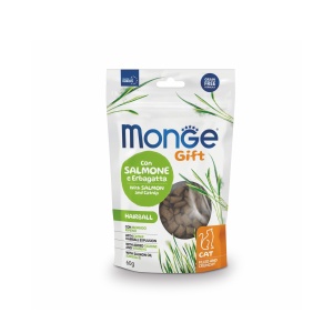 MONGE GIFT RECOMPENSE PENTRU PISICI, HAIRBALL, SOMON SI IARBA-MATEI, CROCANTE CU UMPLUTURA 60 G - 5038