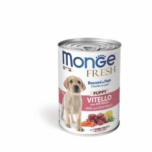 MONGE HRANA UMEDA PENTRU CAINI PUI, VITEL SI LEGUME, BUCATI IN PATE 400 G - 4441
