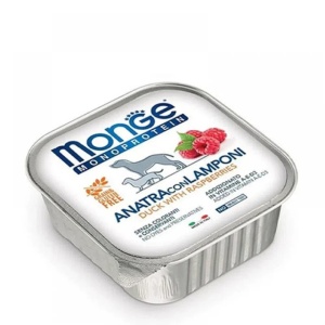 MONGE MONOPROTEIN PENTRU CÂINI ADULȚI, PATEU DE RAȚĂ CU ZMEURĂ, 150GR - 4342