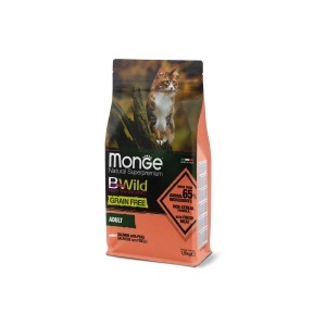 MONGE BWILD HRANA USCATA FARA CEREALE PENTRU PISICI ADULTE, SOMON SI MAZARE 1,5 KG - 2072