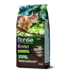 MONGE BWILD HRANA USCATA FARA CEREALE PENTRU PISICI DE TOATE VARSTELE, BIVOL, CARTOFI SI LINTE 1,5 KG - 2065