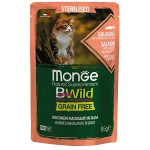MONGE BWILD HRANA UMEDA PENTRU PISICI STERILIZATE, SOMON, CREVETI SI LEGUME, BUCATI IN SOS 85 G - 2782