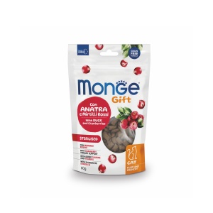 MONGE GIFT RECOMPENSE PENTRU PISICI STERILIZATE, RATA SI MERISOARE, CROCANTE CU UMPLUTURA 60 G - 5052
