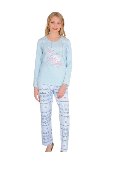 Pijama dama Bumbac cu Lycra imprimeu Cerb Albastru cu Alb