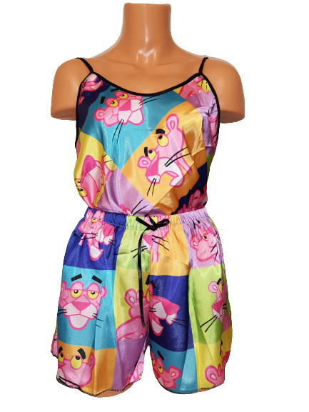 Pijama Dama, Satin, 2 Piese, Imprimeu Pantera, Multicolor