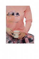 Pijama dama din Bumbac cu maneca lunga, Imprimeu Queen Cat, Roz