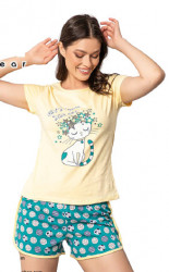 Pijama dama din Bumbac cu tricou si short, Imprimeu Pisicuta, Turcoaz/Galben