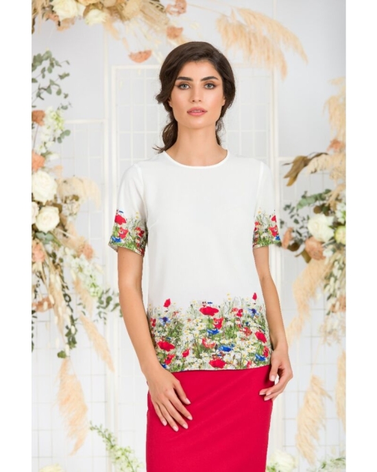 Bluza alba de vara cu maneca scurta si imprimeu Flori de camp CMD755