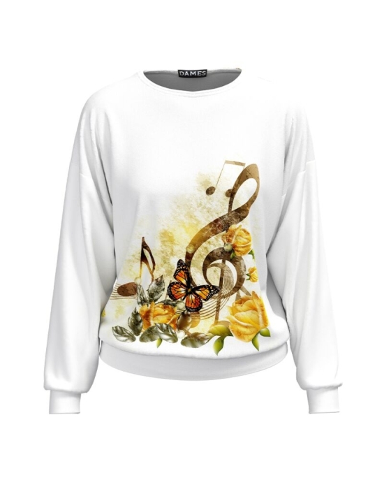 Bluza alba tip hanorac din catifea cu imprimeu Cheia Sol CMD5012