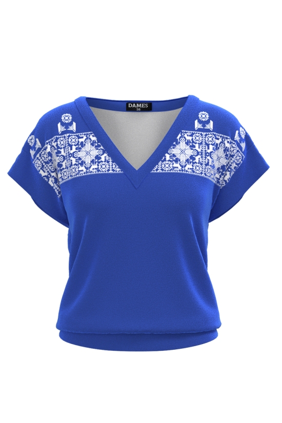 Bluza albastra din catifea cu decolteu in V imprimata tranditional alb
