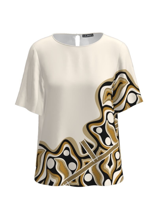Bluza bej cu maneca scurta imprimata Abstract CMD4552