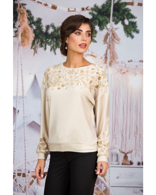 Bluza bej tip hanorac din catifea cu imprimeu de Craciun CMD1622