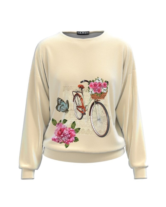Bluza bej tip hanorac din catifea cu imprimeu Vintage CMD3690