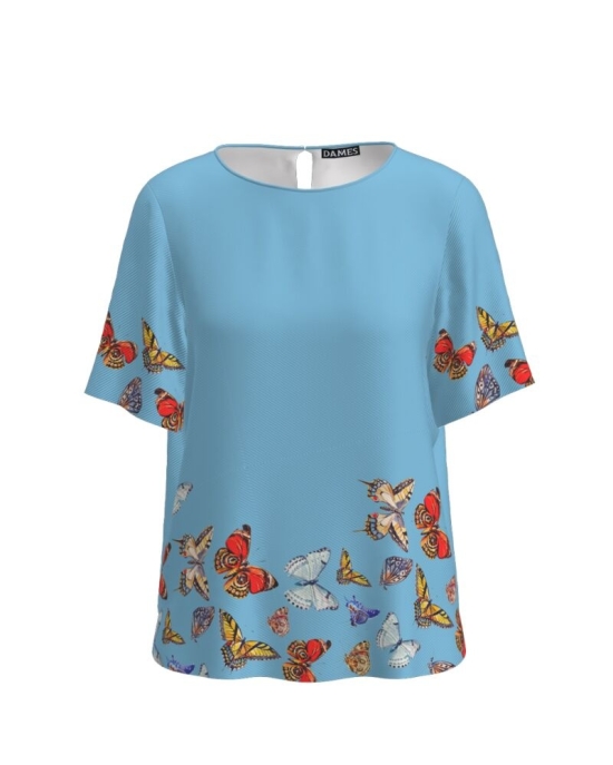 Bluza bleu cu maneca scurta imprimata cu model Fluturi CMD2720