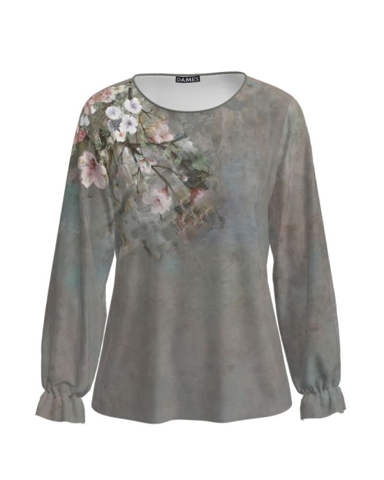 Bluza gri cu maneca lunga imprimata cu model floral CMD1570